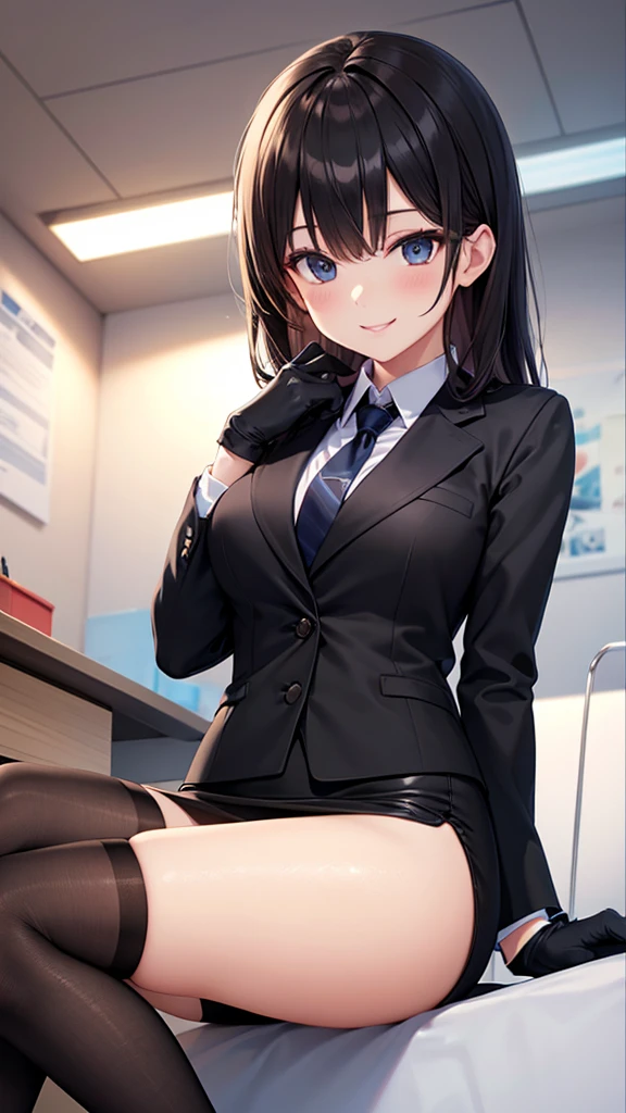 (1woman), Beautiful, Amazing face and eyes, makeup, (extremely detailed beautiful face), seducting smile, (Best Quality:1.4), (Ultra-detailed), (extremely detailed CG unified 8k wallpaper), Highly detailed, raw photos, Professional Photography, (Business Suit, Mini skirt:1.2), (Business shirt with wide open chest), (Spread legs), (view from below)