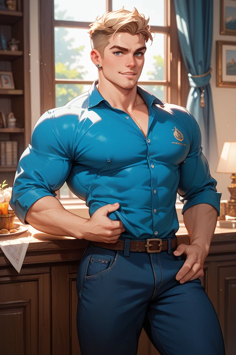 (absurderes, A high resolution, Ultra detailed, hdr), Masterpiece, Best quality, Portrait of a boy, Handsome boy with red eyes, Detailed face, Professional photo, The Alafed man is shirtless, Lie comfortably，legs are open, (puffynipple(From below:1.1)), Focus on your audience,18 year old boy, Handsome boy, [ Firmly defined body ]，Light blue shirt open，Abs，chest muscle，short white pants，large bulge，white shoe，lavender，