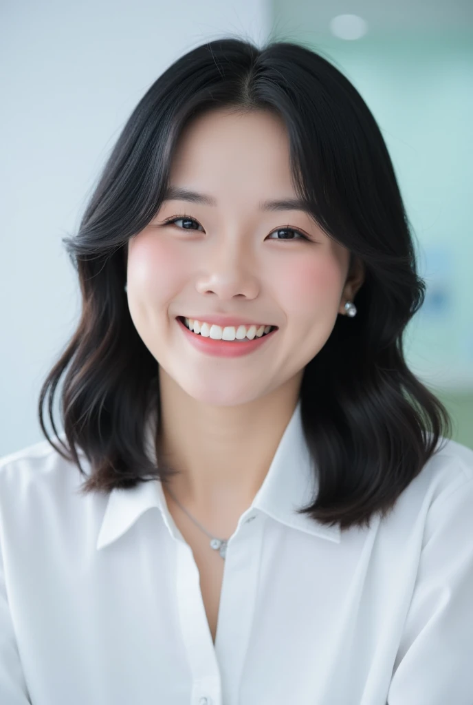 A cute Japanese woman in her late 20s。 has a nice smile。white collared ...