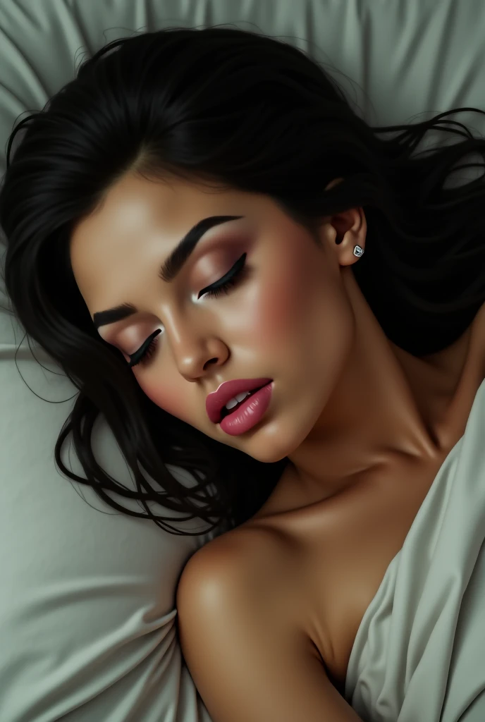 realistic woman in sensual pose on bed, detailed skin texture, beautiful facial features, long eyelashes, glossy lips, delicate fingers, elegant body shape, luxurious silk bedding, soft lighting, cinematic composition, vivid colors, photorealistic, 8k, high quality