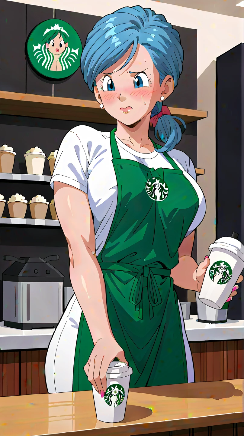 RanmaChan, Red hair, Braided hair, blue eyes, detailed eyes, whole body, Cleavage Bulge, POV Breast Grab, Bust Cup / Cum In-between Booba, iced latte with breast milk