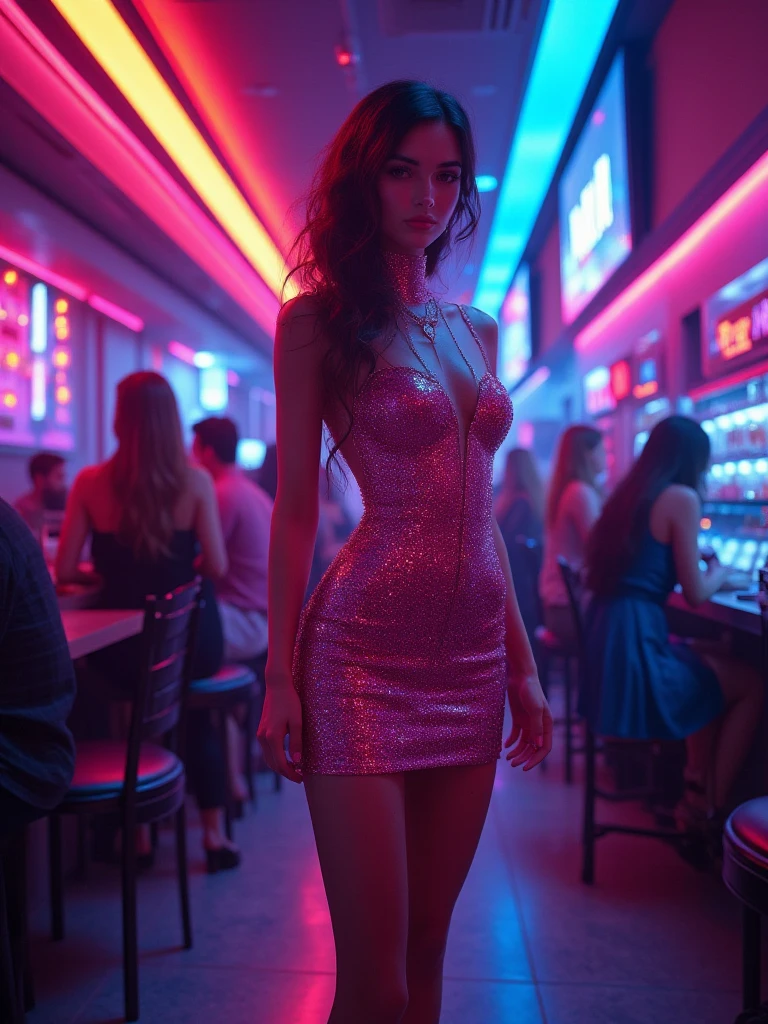 a beautiful young european woman with long dark curly hair standing in a casino, wearing a dress, in a green cyberpunk-inspired lighting, intricate details, highly detailed, 8k, photorealistic, dramatic lighting, cinematic, atmospheric, moody, elegant, graceful, captivating expression, intense gaze, cinematic composition, striking pose, mesmerizing, stunning, flawless skin, glossy lips, sharp focus, vibrant colors, chiaroscuro, dramatic shadows, neon highlights, futuristic, industrial, high-tech, complex environment, intricate architecture, neon signs, holographic displays, advanced technology, seamless integration of organic and inorganic elements, visually stunning, breathtaking, awe-inspiring