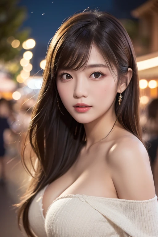 Highest quality, masterpiece, Ultra-high resolution, (reality: 1.4), Original photo, One Girl, 23 years old:1.2, Brightly colored off-the-shoulder, Cinema Lighting、Portraiture、Amusement park at night、Large Breasts、Swimwear