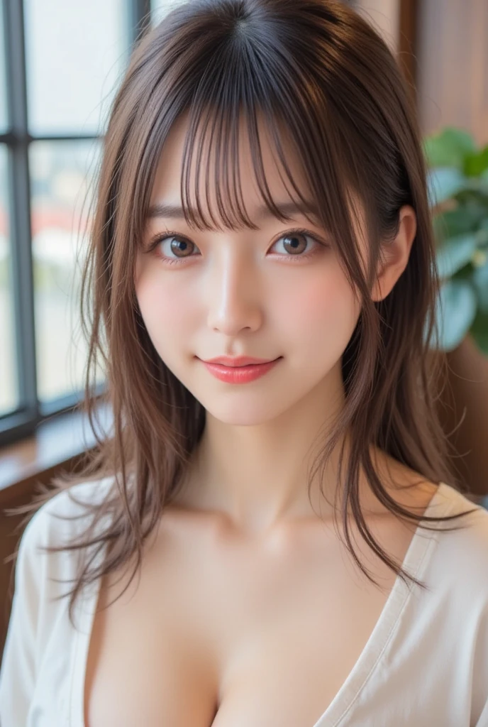 highest quality, Realistic, 8K, High resolution, 1 Girl, woman, (Skin dents), (Portraiture:0.6), nice, ((White Background, Completely naked, Small breasts:1.65)), (Long brown hair, Parted bangs:1.4), Watching the audience, (1 Girl eyes Watching the audience:1.6), Realistic, (Bokeh), (Closed Mouth, smile:1.3), nice, Purelos Face_V1:1,