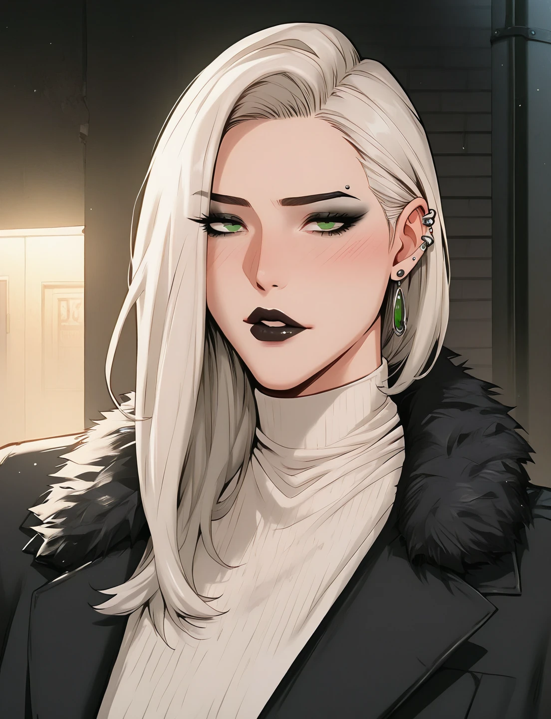 INTERVAL 1 girl , intricate, Making a beautiful pout in love, Slightly drunk , Black fleece coat with fur hood, off the shoulders, seductive neckline, Yakuza outfit , (eyeliner :1.2), white hair high neck shirt with bangs, ear piercing , punk style, green eyes, ear piercing , punk style , black lips , Suit, jewelry, detailed background, big ( masterpiece, High quality:1), bar, counter, alley, bar exit , dark lighting , volacimatuous body, Mature Woman photo taken from the front