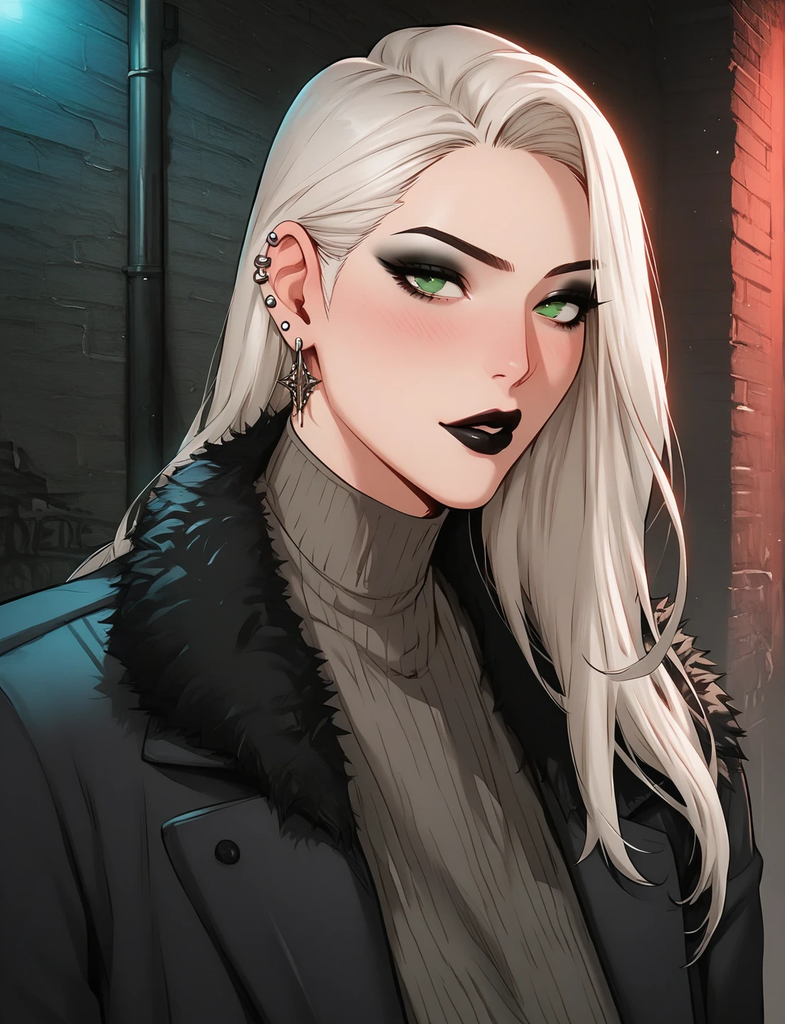 INTERVAL 1 girl , intricate, Making a beautiful pout in love, Slightly drunk , Black fleece coat with fur hood, off the shoulders, seductive neckline, Yakuza outfit , (eyeliner :1.2), white hair high neck shirt with bangs, ear piercing , punk style, green eyes, ear piercing , punk style , black lips , Suit, jewelry, detailed background, big ( masterpiece, High quality:1), bar, counter, alley, bar exit , dark lighting , volacimatuous body, Mature Woman photo taken from the front