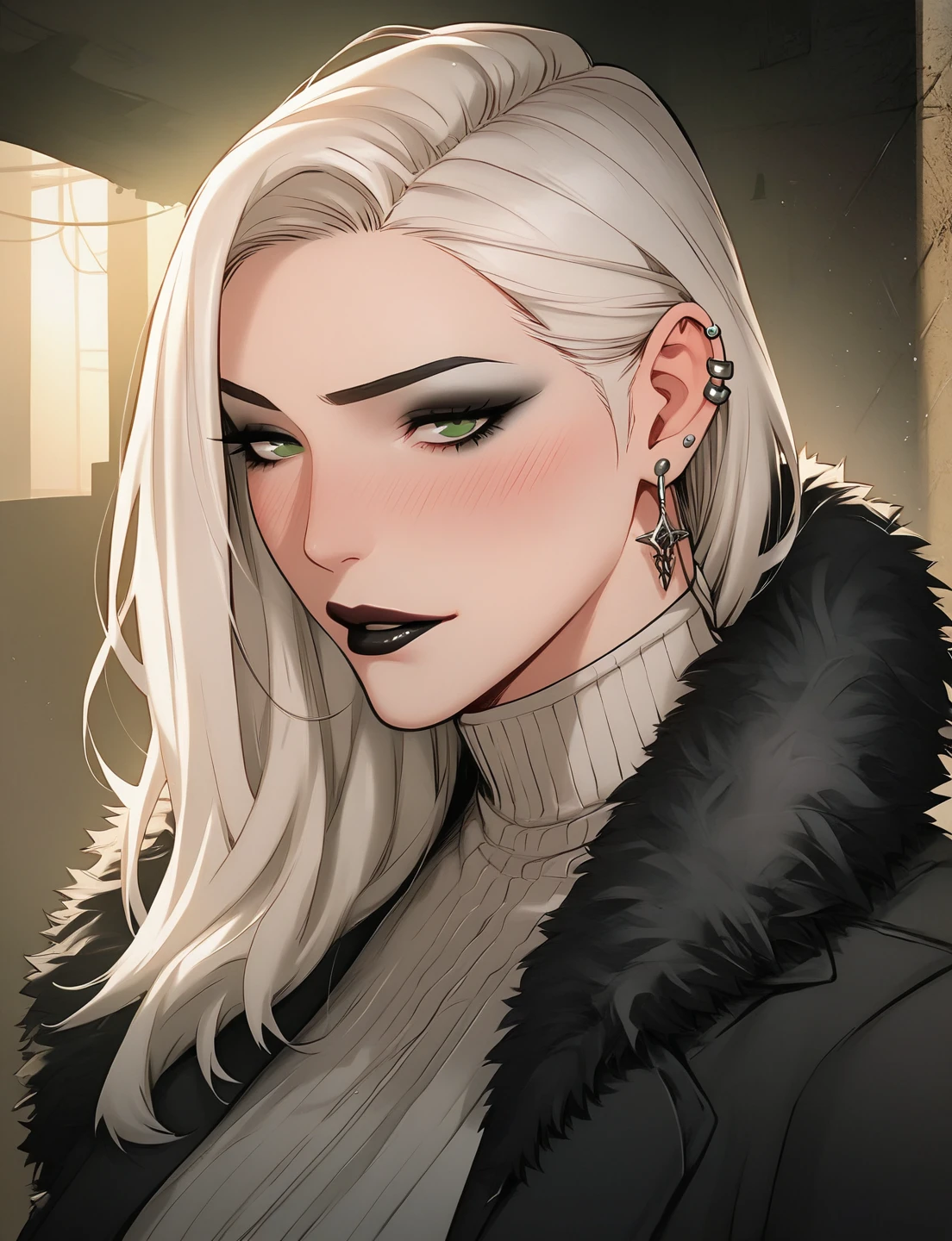 INTERVAL 1 girl , intricate, Making a beautiful pout in love, Slightly drunk , Black fleece coat with fur hood, off the shoulders, seductive neckline, Yakuza outfit , (eyeliner :1.2), white hair high neck shirt with bangs, ear piercing , punk style, green eyes, ear piercing , punk style , black lips , Suit, jewelry, detailed background, big ( masterpiece, High quality:1), bar, counter, alley, bar exit , dark lighting , volacimatuous body, Mature Woman photo taken from the front