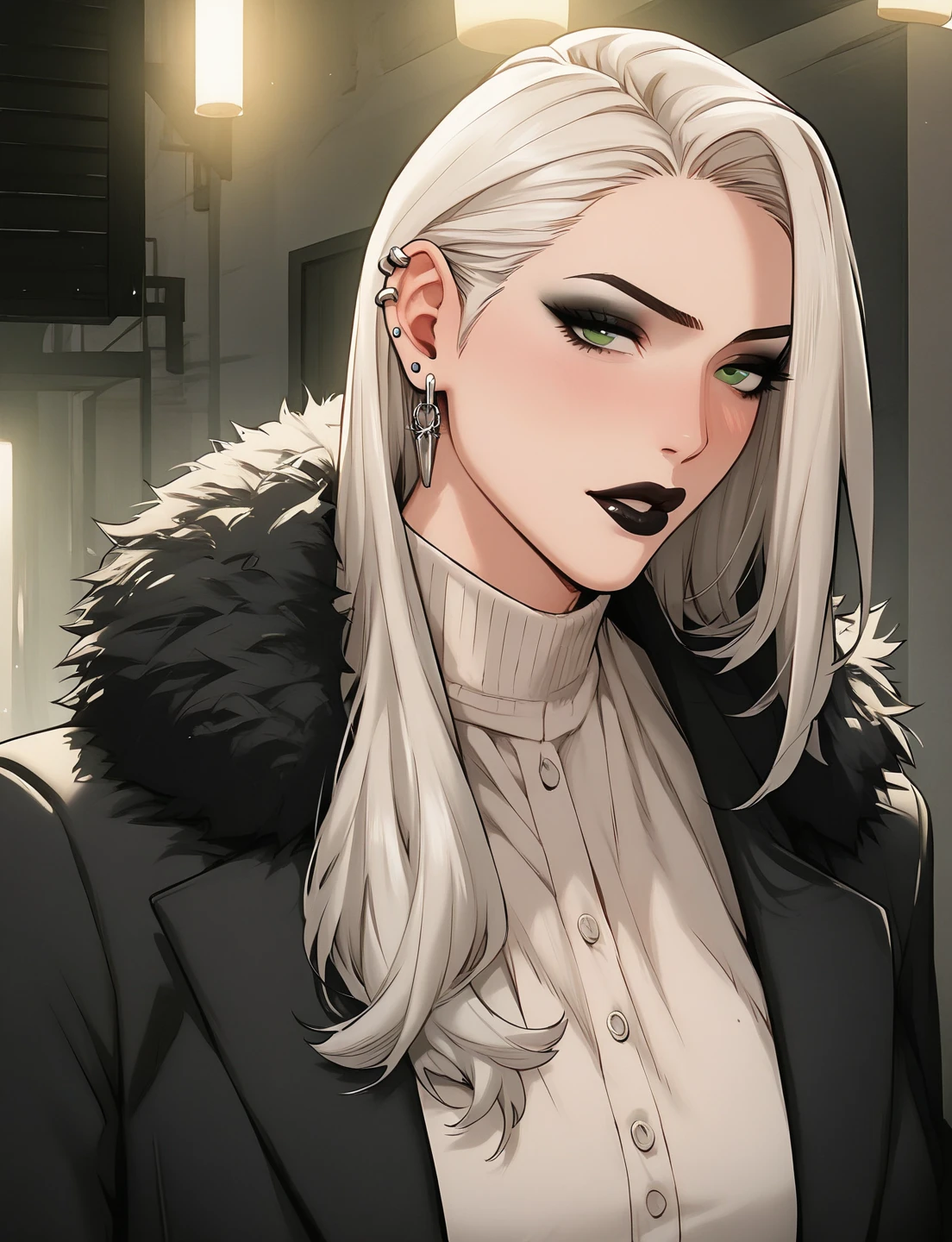 INTERVAL 1 girl , intricate, Making a beautiful pout in love, Slightly drunk , Black fleece coat with fur hood, off the shoulders, seductive neckline, Yakuza outfit , (eyeliner :1.2), white hair high neck shirt with bangs, ear piercing , punk style, green eyes, ear piercing , punk style , black lips , Suit, jewelry, detailed background, big ( masterpiece, High quality:1), bar, counter, alley, bar exit , dark lighting , volacimatuous body, Mature Woman photo taken from the front