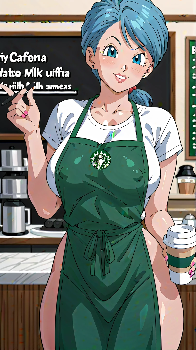 RanmaChan, Red hair, Braided hair, blue eyes, detailed eyes, whole body, Cleavage Bulge, POV Breast Grab, Bust Cup / Cum In-between Booba, iced latte with breast milk