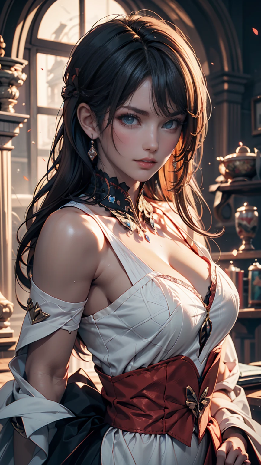 Florence Nightingale, (Ballet Costumes), Sitting in a chair, Smiling for the camera, White formal shirt, Loose collar button, Swollen nipples, Long, loose hair, (Delicate illustrations: 1.4), (Renaissance art: 1.4), (Ultra-high resolution: 1.2), (Photorealism: 1.4), (8k, RAW Photos: 1.2), (Soft Focus: 1.4), ( 18-year-old: 1.3), (Sharp focus: 1.4), Beautiful face with attention to detail, Pure rose face_v1