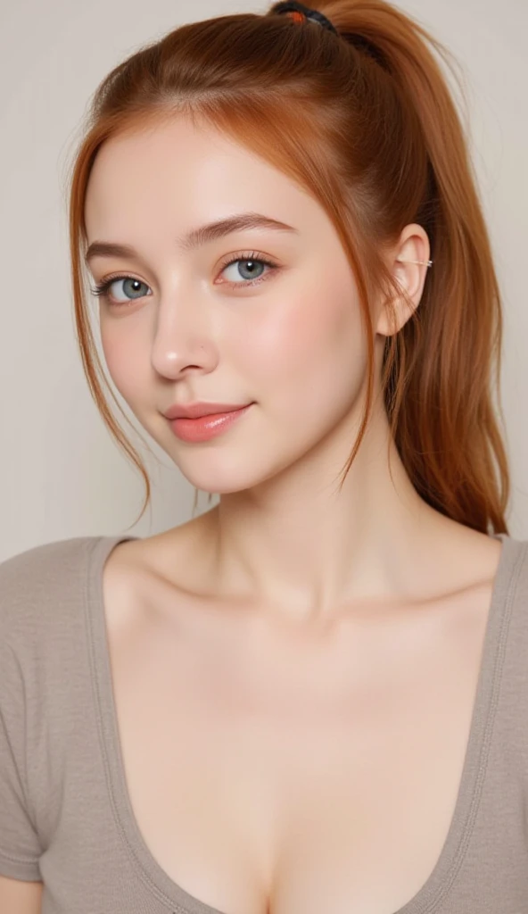 Pale skin Eurasian woman with ginger hair with brown eyes