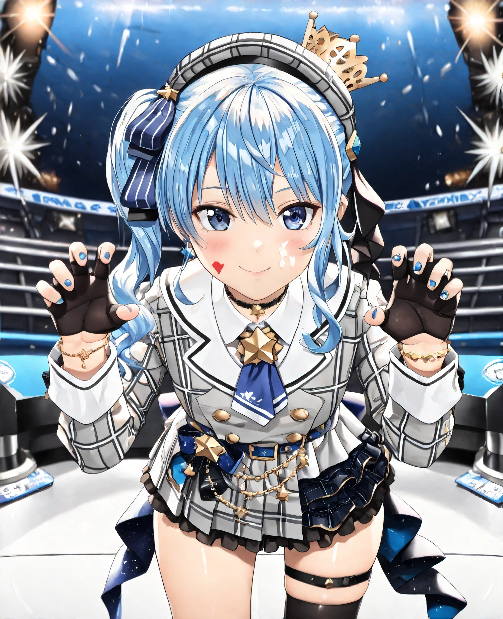 (16k,best quality, masterpiece:1.2), UHD, anatomically correct, ccurate, textured skin, super detail, high details, award winning, best quality, high quality, 1080P, retina, HD, highly detailed, absurdres, HDR, (photorealistic:1.3), {{ultra-detailed:1.3}}, {illustration:1.3}, {{an extremely delicate and beautiful:1.3}}, {{hires latent:1.3}}, (3x magnification of the image and resolution:1.2),(very realistic:1.3), (hyperrealism:1.3),(Ultra-high resolution:1.2), (16K quality:1.2),( hyper-detailed textures:1.2), (and cinematic lighting capture every fine detail with striking clarity:1.2).BREAK
(full body view:0.8), (close-up view:0.6),(sharp and anatomically accurate hands and fingers:1.2) ,natural and well-proportioned hand gestures,(exquisite facial features:1.2),(shiny skin:1.2),(sweat:0.6),((flat chest:1.3)), (afterglow face:1.3).standing.BREAK
Ultra-high-resolution illustration of Hoshimachi Suisei from Hololive, radiating confidence and idol-like charm. Her long, silky light blue hair with subtle silver gradients flows elegantly, with a small side braid adding a delicate touch.
Her deep, shimmering blue eyes exude intelligence and determination, reflecting her lively and charismatic aura. Her flawless, fair skin glows with natural softness, highlighted by subtle shading that enhances her youthful contours.
Her expression is confident yet approachable, with a playful yet refined charm. Her dynamic posture conveys elegance and energy, perfectly capturing her vibrant, star-like presence.
Rendered in ultra-sharp 16K clarity, capturing every fine detail of her radiant skin, expressive eyes, and delicate features with stunning precision.BREAK
Su1se1Def, blue eyes, blue hair, side ponytail, plaid beret, crown, blue star choker, star earrings, blue ascot, plaid jacket, grey jacket, white sailor collar, plaid skirt, grey skirt, layered skirt, blue skirt, partially fingerless gloves, star bracelet, uneven legwear, thigh strap.BREAK