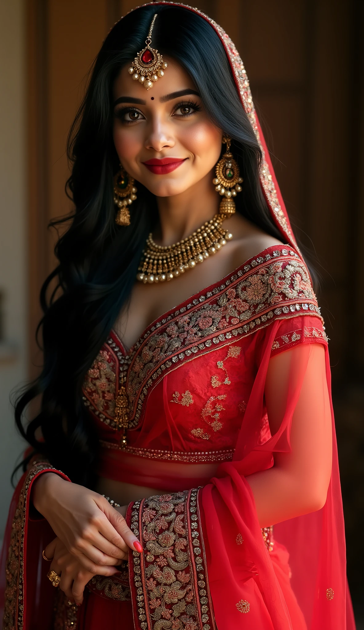 A stunning beautiful indian girl,pinkish white skin,glossy,wearing intricate red sari,long black hair,Desi Heavy embroidered bridal dress ,full body