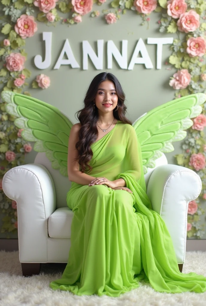 Create 3D picture of a beautiful 20 year old girl sittingon the white sofa set chair, the girl is wearing a neongreen saree, background wall decorate in flower andleaves and written on capital Big font white colourসুমাইয়া' and wing are green colour look like angel.