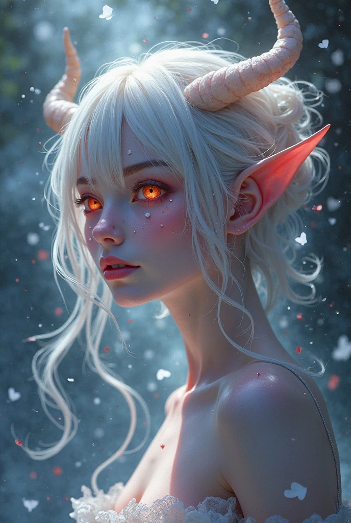 An elven lady with short straight white hair and red eyes horns with scales