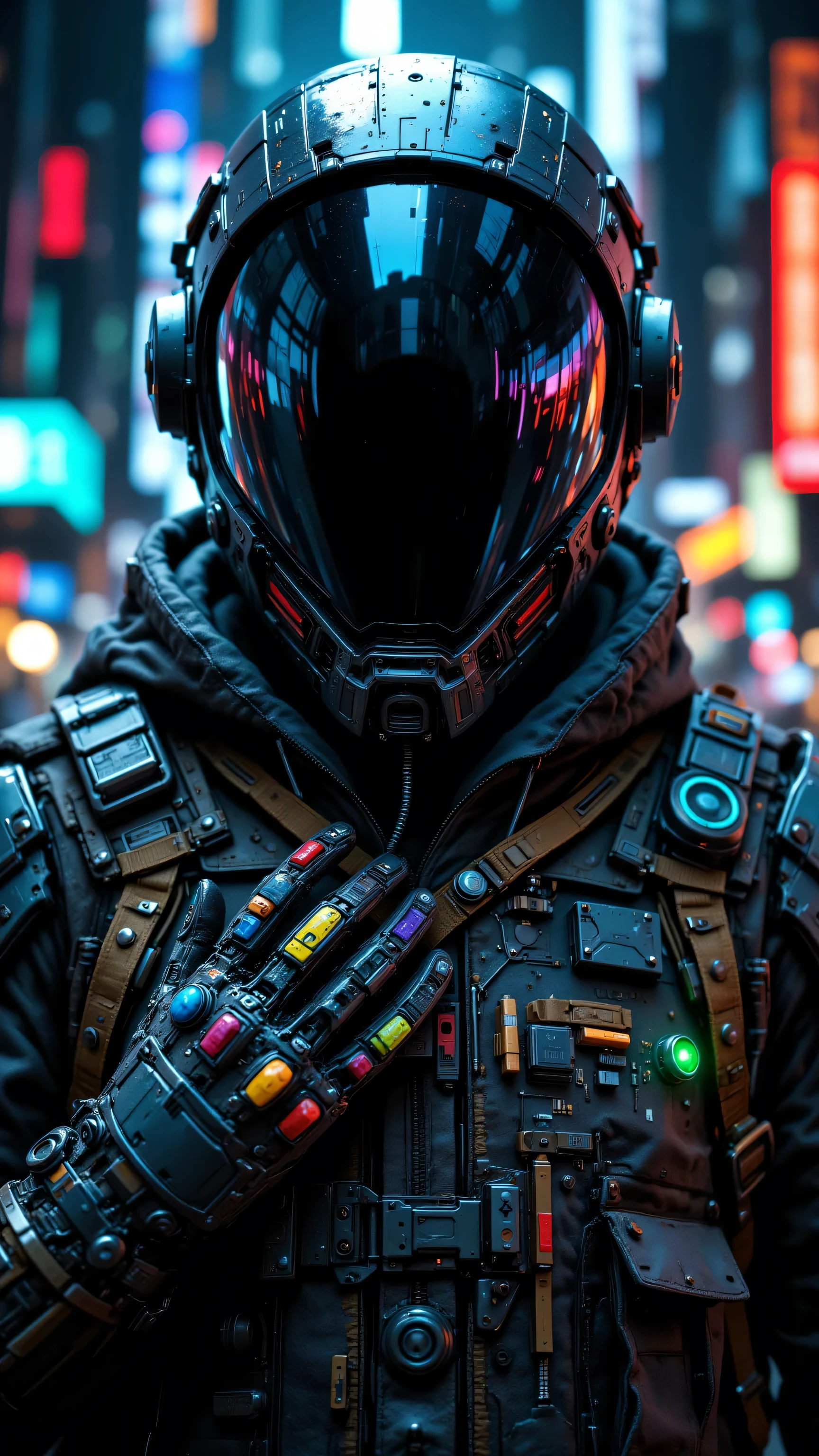8k, Masterpiece, Top Quality, Close-up, frontal, helmet, jacket, wires, circuit boards, devices, colorful attachments, glove, mechanical, robotic, city, night, lights, urban, cyberpunk, futuristic, dark, mysterious, technological, detailed, complex.