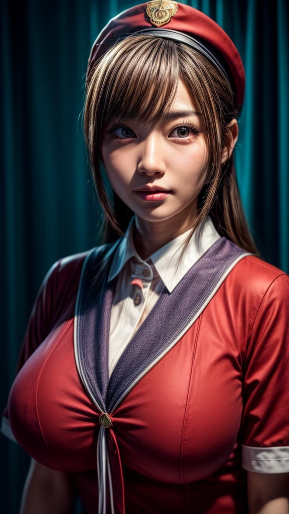 Kasumi, brown eyes, (best quality, ultra-detailed), (realistic:1.37), beautiful and detailed face, ultra-realistic texture, delicate face, delicate body, red lipstick, bright colors. High definition, 8K