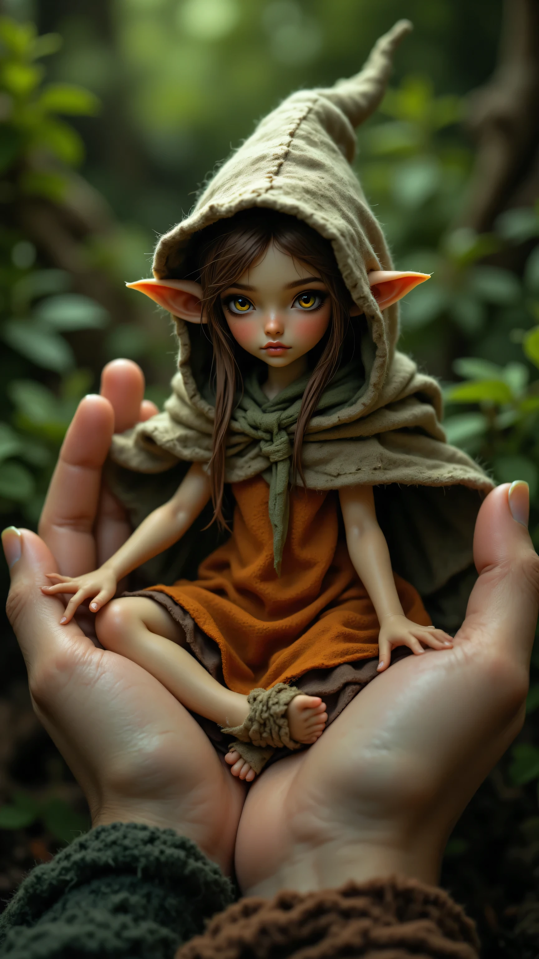 8k, Masterpiece, Top Quality, Close-up, low-angle, fairy, seated, palm of a hand, realistic, textured, earthy-toned, hooded cloak, hat, beige, brown, dress, orange, brown, green, felt, long, brown, unkempt, whimsical, pointed ears, rosy cheeks, gentle expression, fair-skinned, wrinkles, lush green, foliage, garden, forest, natural, artistry, whimsy, handcrafted, fantasy, figurines, soft, diffused, delicate,