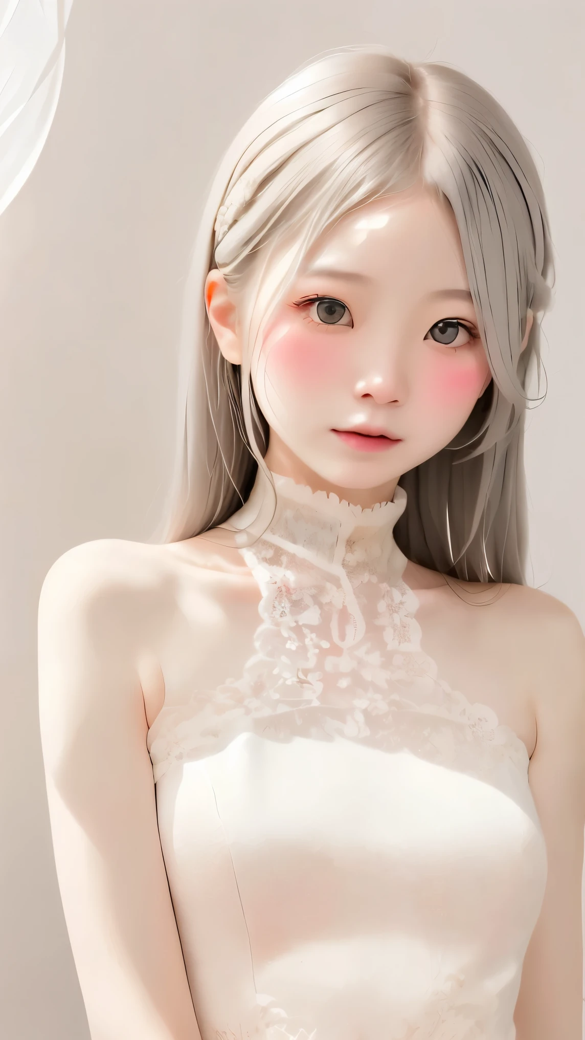 perfect anatomy, Japanese girls , alone、one girl、少し短い首:1.7, Albino Skin, Gray Hair, straight long hair , light brown eyes, Change color to high neck lace fabric, white clothes, artistic, light pink background pointing down