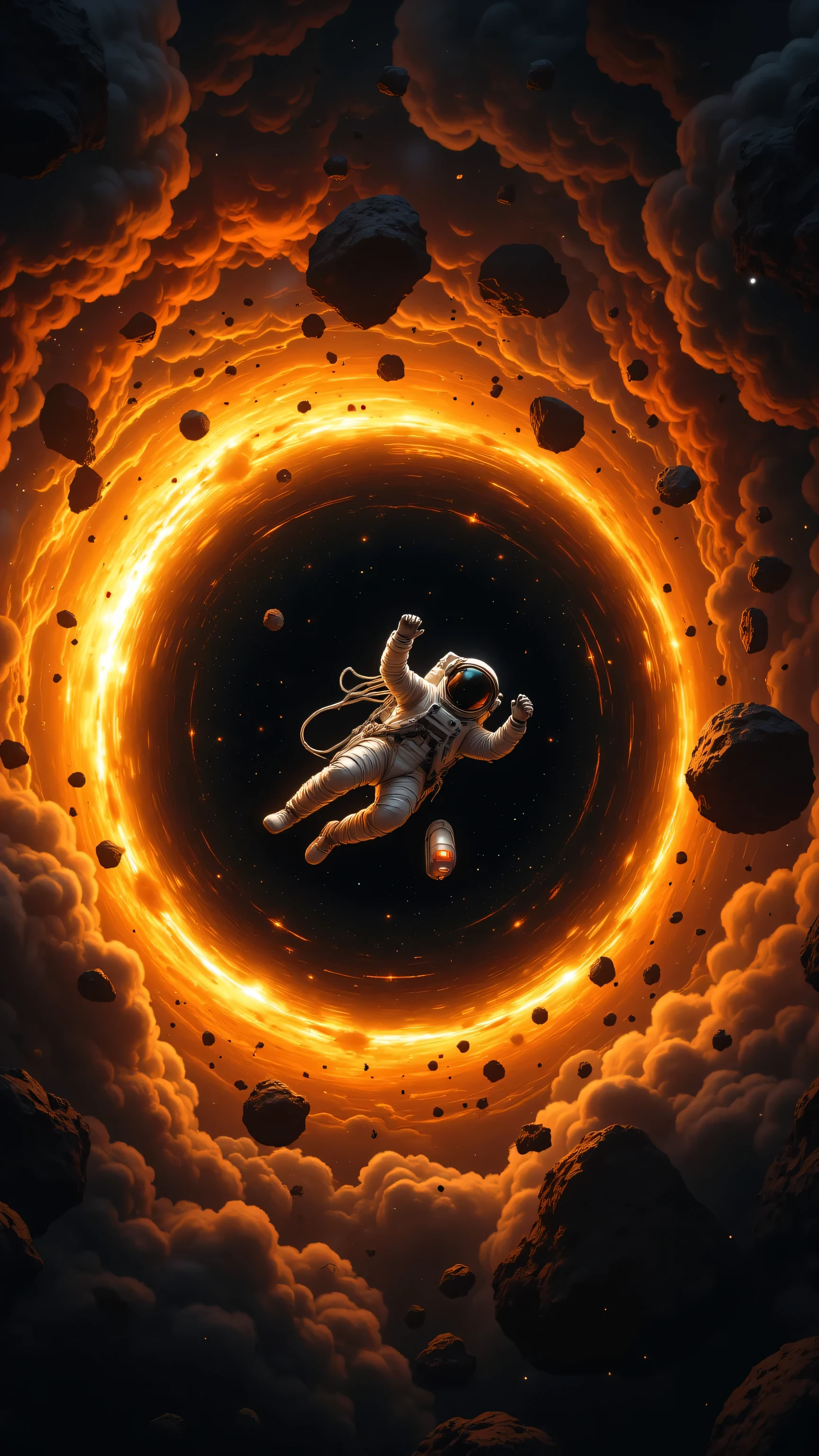 8k, Masterpiece, Top Quality, Overhead, low-angle, astronaut, helmet, spacesuit, floating, falling, drifting, nebula, black hole, fiery, orange, yellow, dynamic, energetic, detailed, texture, equipment, weightlessness, vulnerability, immense, debris, particles, dark, moody, bright, contrast, deep space, stars, stylized, surreal, dreamlike.