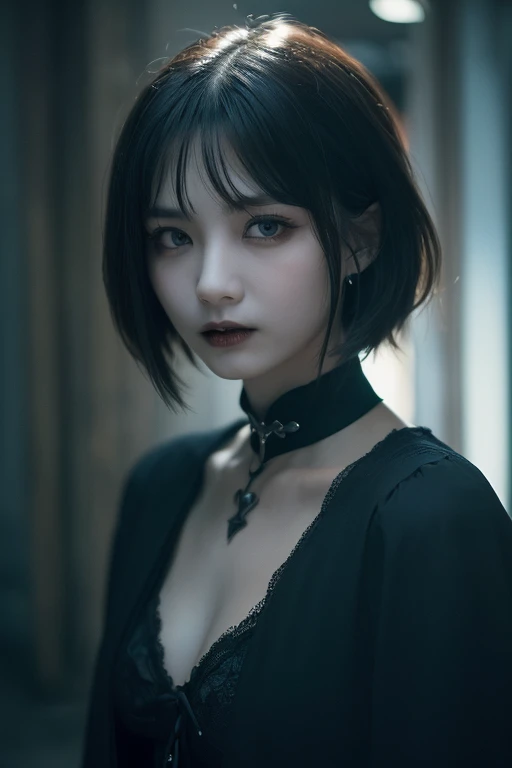 (high quality: 1.3), Cinematic shots, masterpiece, (Sharp focus: 1.5), (Realistic: 1.3), Medium portrait (Beautiful young vampire woman, Pale skin, Gothic, Still proud、intense, Straight black short bob hair, Dark look, Wearing a very finely crafted dark tunic, Dark atmosphere, but、Sculpting shapes with sharp chiaroscuro), It's night, (Highly detailed skin), (Detailed face), Detailed Background, Dim lighting, dusk lighting, Volumetric lighting, Intricate details, Ultra-high resolution,