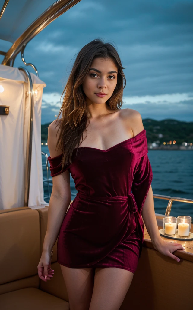 A beautiful girl chooses an elegant off-the-shoulder velvet dress with a thigh-high slit. A faux fur stole adds a touch of glamour. Ambient: The dinner cruise is illuminated by soft candlelight, and guests enjoy gourmet cuisine while sailing through winter waters. The sound of gentle waves and a romantic setting. She has a brown silky hair, big brown eyes, beautiful face, bright facial skin, impression-less, very beautiful Instagram model, realistic image. Dynamic composition, motion, ultra - detailed, incredibly detailed, a lot of details, amazing fine details and brush strokes, smooth.