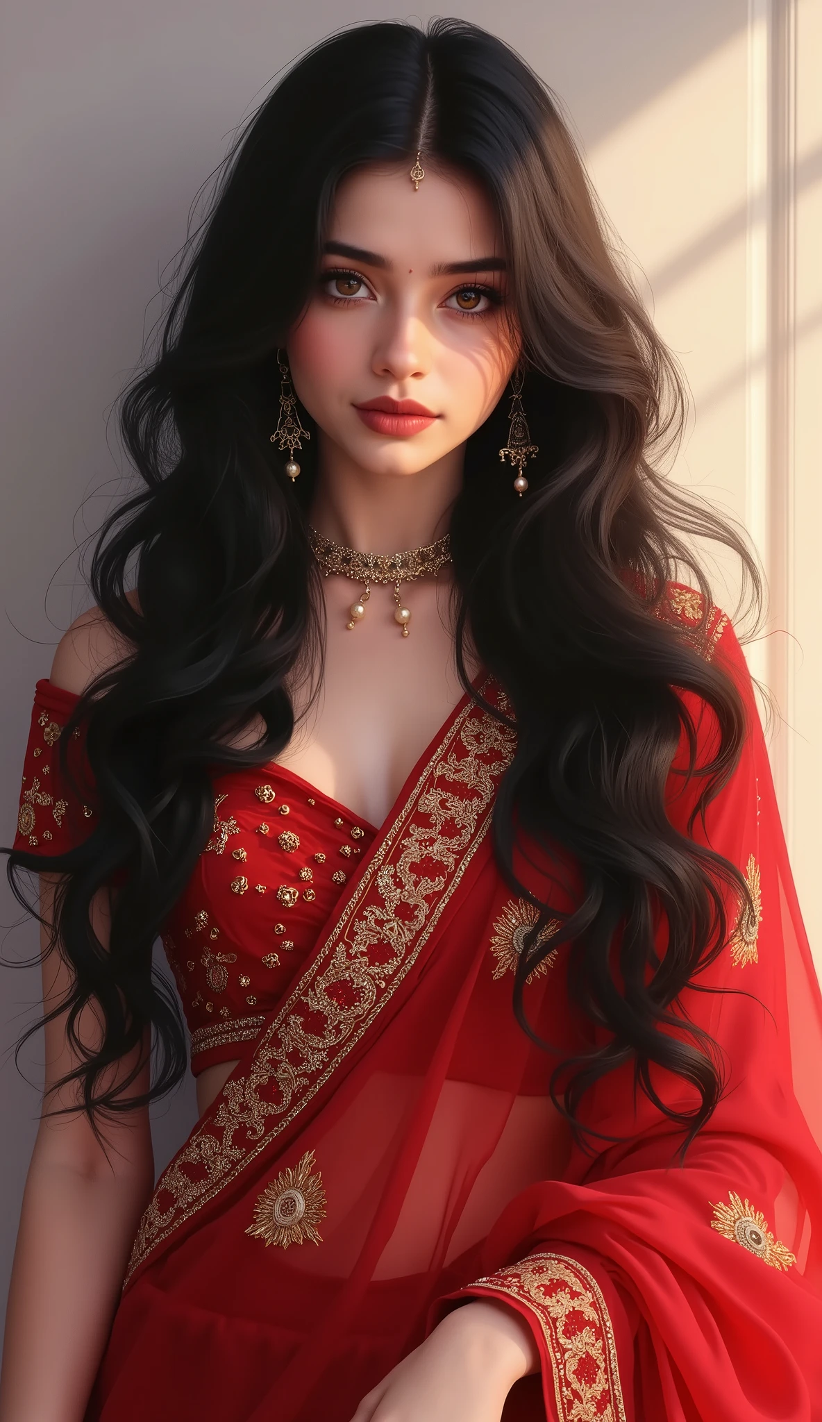 Digital painting,A stunning beautiful indian girl,pinkish white skin,glossy,wearing intricate red sari,long black hair,Desi Heavy embroidered bridal dress ,soft light,light bokeh,white fog,front view,full body
