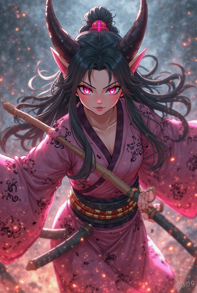 full body, Standing, Princess Zelda as Shinobi, costume all black with gold stripes, she has large breasts, (short black hair), ((wearing Oni mask on her face)), cut scar over right eye, (green eyes), a katana attached to her waist, blood all over her clothes, she is in an ancient ninja Temple full of swords stuck in the ground, Anime, masterpiece, 16k, award winning, best quality, high details, UHD, masterpiece, anatomically correct
