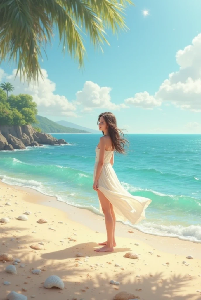 Naked girl walking on beach, sand, waves, sunset