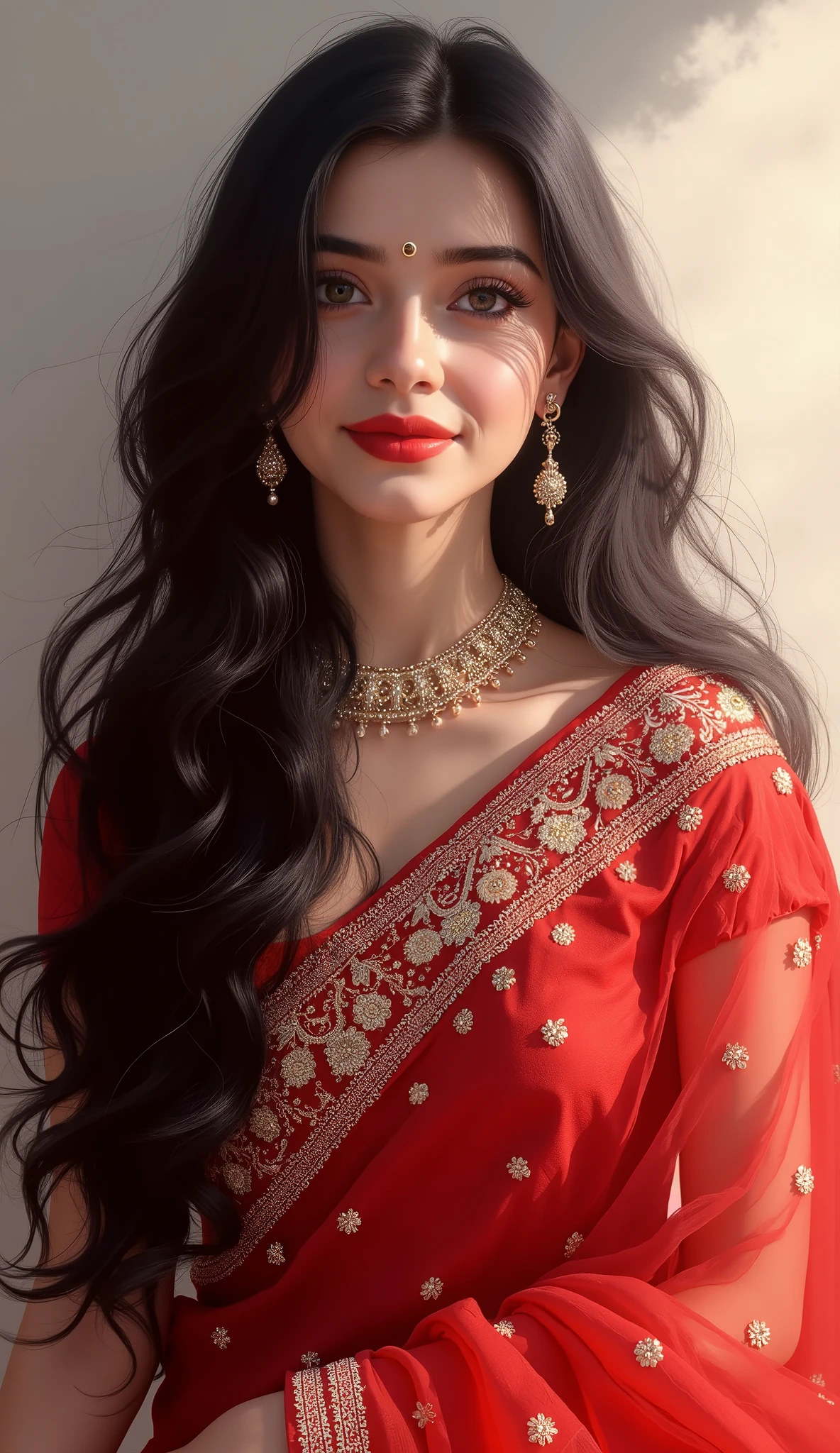 Digital painting,A stunning beautiful indian girl,pinkish white skin,glossy,wearing intricate red sari,long black hair,Desi Heavy embroidered bridal dress ,soft light,light bokeh background,white fog,front view,sparkling,dreamy,full body