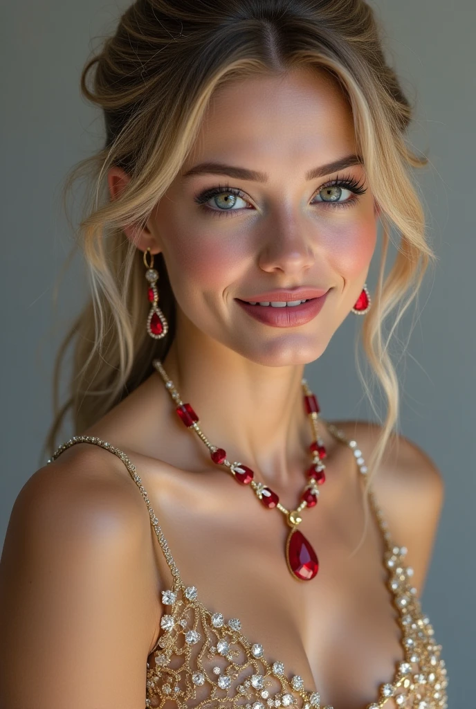 a stunning 20yo woman with piercing brown eyes and medium blonde hair, wearing red lingerie, realistic, necklace, intricate details in the clothing, sexy pose, studio lighting to enhance the depth and realism of the image, big breast, (full model 1:3)