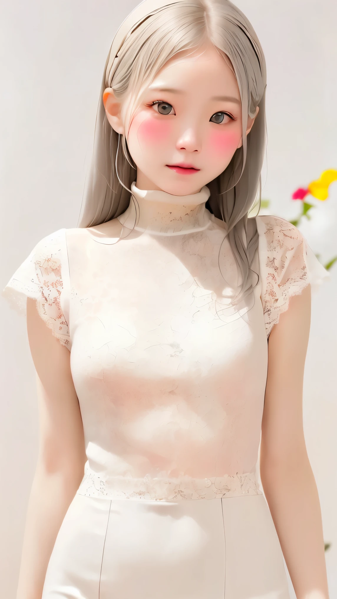 perfect anatomy, Japanese girls , alone、one girl、少し短い首:1.7, Albino Skin, Gray Hair, straight long hair , light brown eyes, Change color to high neck lace fabric, white clothes, artistic, light pink background pointing down