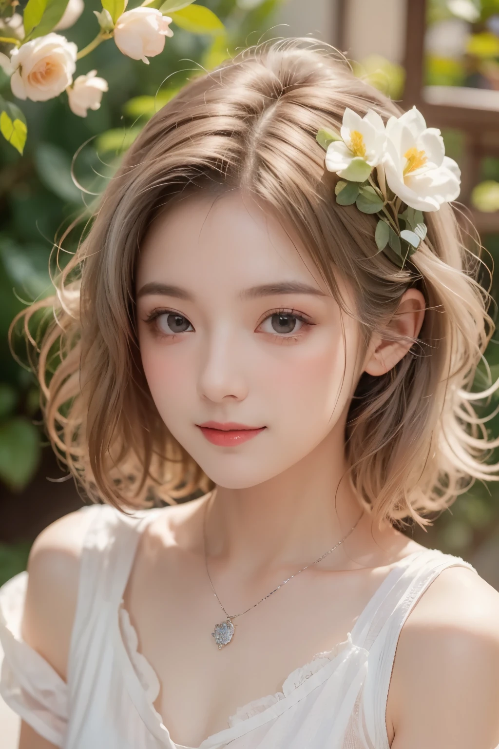(detailed oil painting of a beautiful woman), rough touch, focus on face, (small smile with calm, kind and bright expression), ((silver grey brown almost straight medium long hair!)), ((close up)), shiny skin, glossy lips, ((casual pastel winter outfit)), (winter sweater), (smart figure), small necklace, soft winter sunlight, small spring flowers of various colors, young leaves on the tree, striking portrait, use of contour, clean line drawing, fine and intricate details, bright primary colors used partially as accents, fine and intricate details, (Alphonse Mucha compositional style), muted colors, impressionist style, floral frame, Art Nouveau frame, Art Nouveau decoration, floral ornament frame, stress-free mixed media masterpiece, amazing!, beautiful!,
