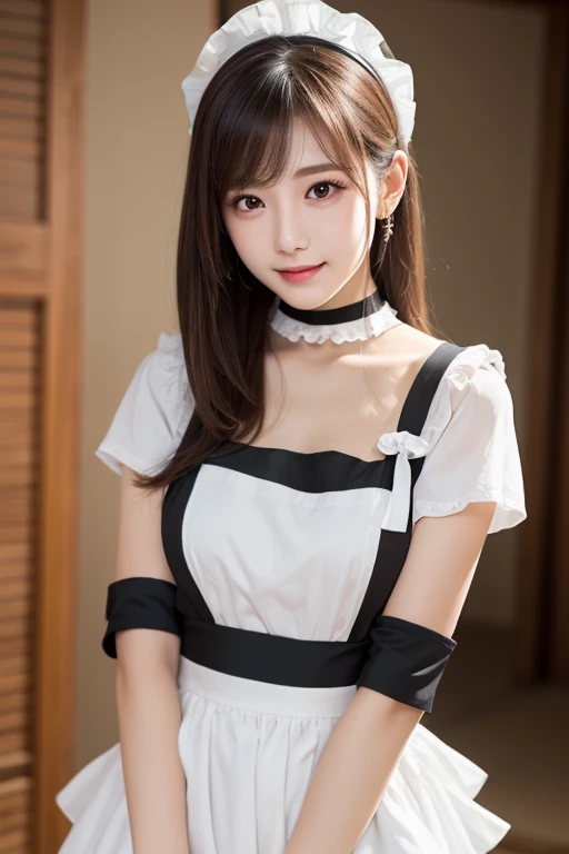 (Masterpiece: 1.3)、High resolution、Super detailed、Highly detailed CG Unity 8k wallpaper、Real、Photorealistic、RAW Photos、Beautiful detailed face、White skin、Realな輝く肌、Detailed Fabric Texture、Detailed Hair Texture、Perfect body、Beautiful Face、correct、解剖学的にcorrect、Highly detailed face and skin texture、Natural neck length、（Beautiful Hands）、（Fair skin：1.2）、Thin legs、Thin legs、BREAK、Detailed and beautiful eyes、Symmetrical eyes、Light brown eyes、double eyelid、Thin eyebrows、（Beautiful and elaborate face，Beautiful and delicate eyes((Detailed maid clothes in black and white:1.2), (large and impressive eyes, Long eyelashes), (Make eye contact with your audience:1.2), Are standing,The skirt flips up and the underwear is visible, White garter belt, Her white panties are in full view, Small Ass, Long and beautiful legs,Big Breasts, (Photographed at the palace, The palace is very bright and luxurious..), Seaweed((Show me your)), ((Stick your butt out)),
