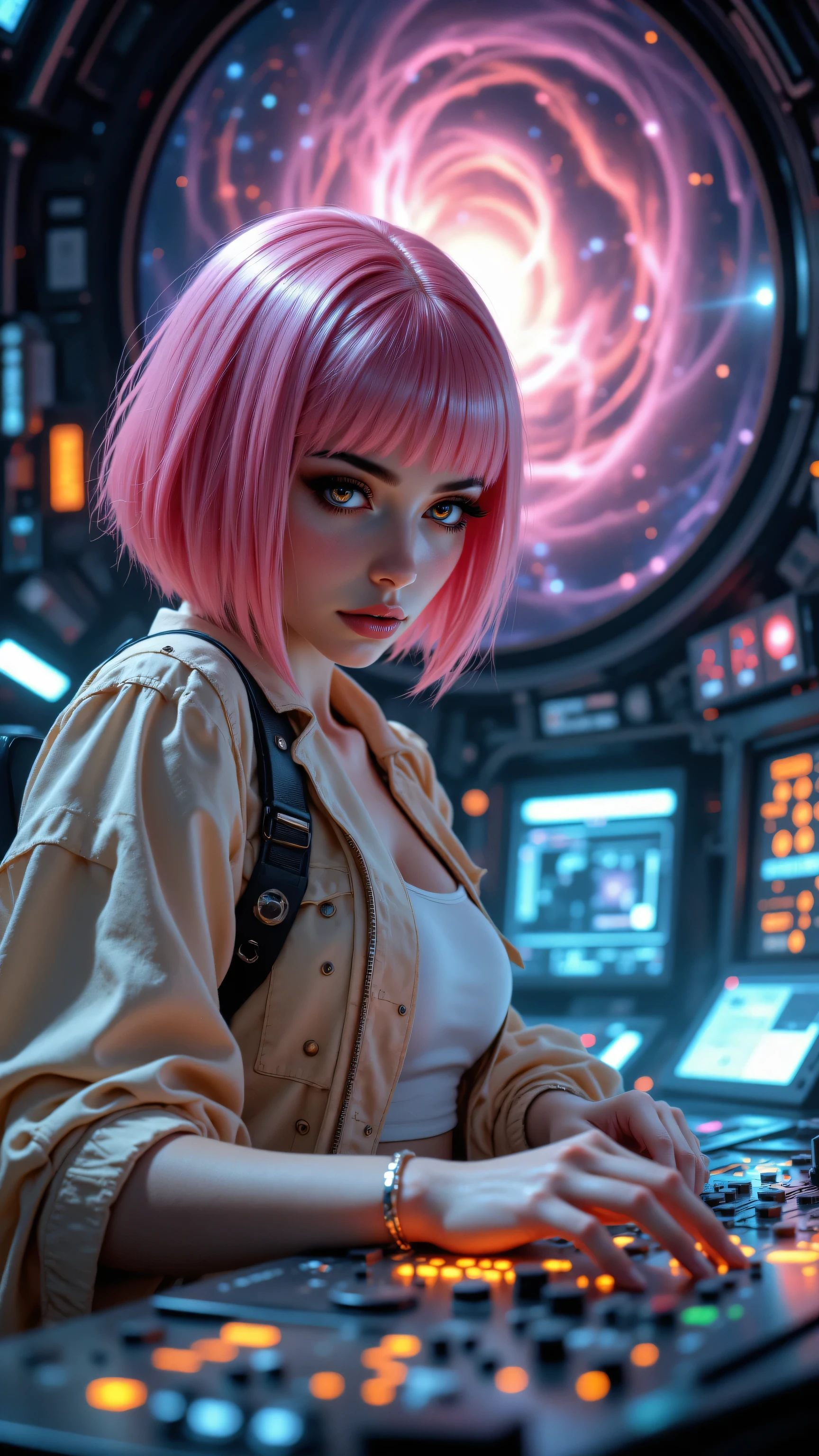8k, Masterpiece, Top Quality, Close-up, low-angle, woman, pink hair, bob, cream jacket, metallic studs, defined eyebrows, eyeliner, serene, focused, operating control panel, illuminated, warm-toned lights, technological, space view, swirling nebula, galaxy, soft lighting, evocative, pinks, creams, blues, dreamy, otherworldly.