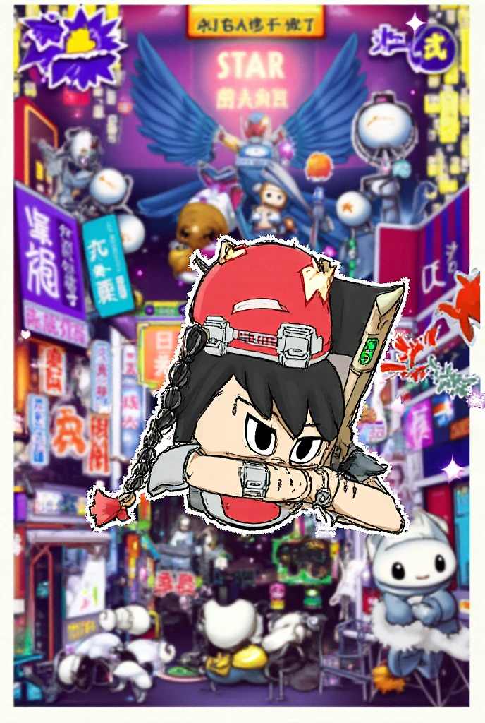 an animated character is in the background of a video game screener and an image of a girl in an with a sword on her shoulder and her breasts spread out
