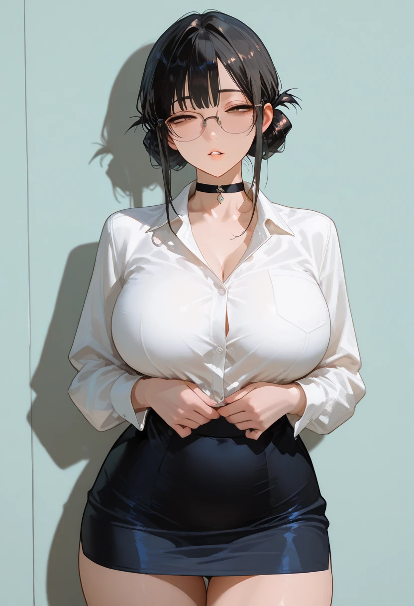 super fine illustration, vibrant colors, masterpiece, sharp focus, best quality, depth of field, cinematic lighting, ultra detailed, black bra, office lady, 1 woman, solo,full body, tummy, belly button, navel, close up, big tits, short hair, mid fade hair tomboy, black low skirt, standing nice thigh, pearl necklace, makeup, dark hair, annoyed, from below, glasses, headache
