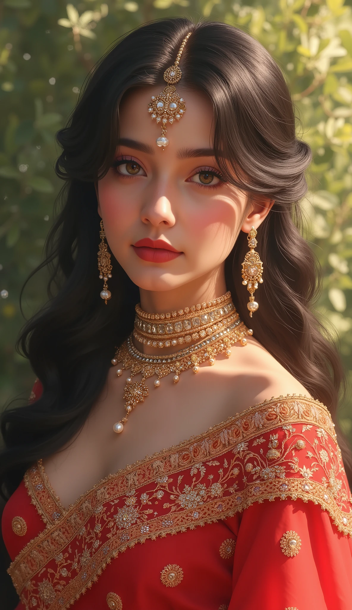 Digital painting,A stunning beautiful indian girl,pinkish white skin,glossy,wearing intricate red sari,long black hair,Desi Heavy embroidered bridal lahnga choli bra decorated yellow lahnga choli diamond pearl and rose flower work ,luxuries indian bridal dress,soft light,light bokeh background,green garden,white fog,front view,sparkling,dreamy,full body