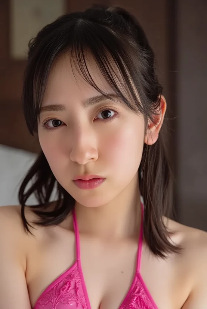 ((highest quality、8K resolution、master masterpiece、portrait:1.3)), Photoreal, 35mm film,One Girl、micro bikini、(Short ponytail hair、Big ribbon、Blushing and ecstatic face、Soft Breasts、),off,slave, Cleavage,Sweaty, Sweaty,bedroom,front