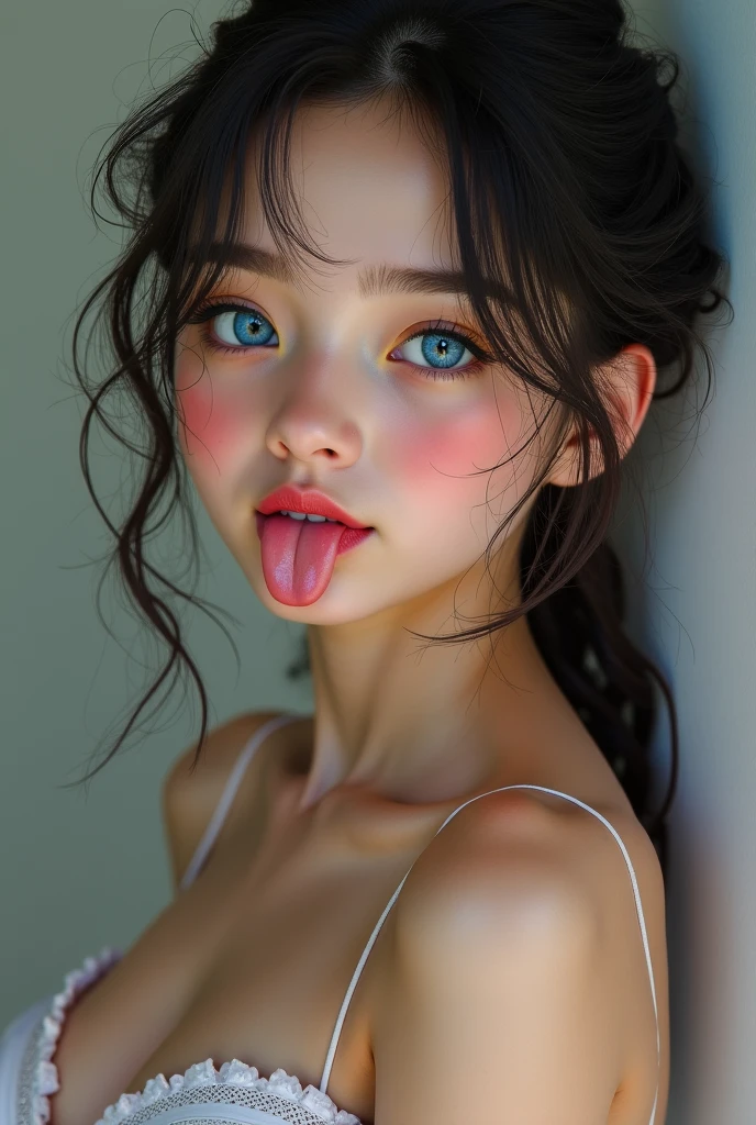 ,1 girl、Taylor Hill、1 girl、超High resolution, retina, Accurate, masterpiece, Anatomically correct, Super Detail, Textured skin, Attention to detail, high quality, High resolution, 8k、、Big double eyes、nose、The focus is on the mouth、close-up focus on face、Woman with open mouth and closed eyes、18-year-old、Black Hair、tongue out, tongue, Drooling, Ahegao, long tongue, Verbal invitation, Pulling the hair back, Gray background,Half Backlight,