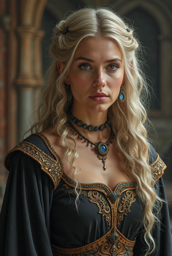 A beautiful ultra gorgeous European blonde woman, age 23. Cleavage.detailed facial features and expression, piercing blue eyes, lush lips, elegant jewelry, long flowing hair, ornate medieval dress, dramatic pose, deadly pet black and red dragon coiled at her feet, dark and ominous fantasy landscape, dramatic lighting, moody color palette, intricate details, cinematic composition, (best quality,4k,8k,highres,masterpiece:1.2),ultra-detailed,(realistic,photorealistic,photo-realistic:1.37),highly detailed portrait,dramatic fantasy,dark fantasy,gothic,dramatic lighting