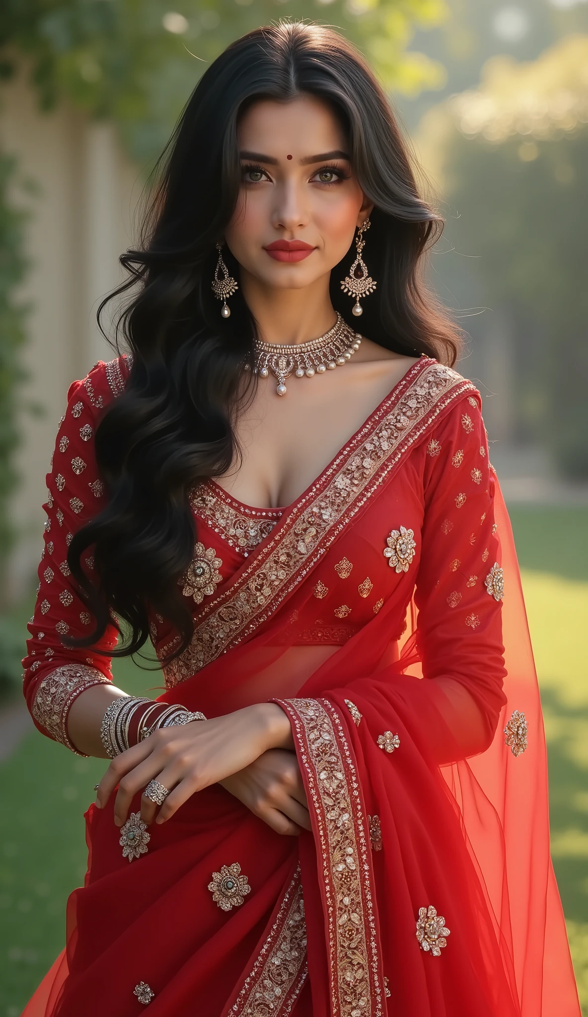 Digital painting,A stunning beautiful indian girl,pinkish white skin,glossy,wearing intricate red sari,long black hair,Desi Heavy embroidered bridal lahnga choli bra decorated red lahnga choli diamond pearl and rose flower work ,luxuries indian bridal dress,soft light,light bokeh background,green garden,white fog,front view,sparkling,dreamy,full body