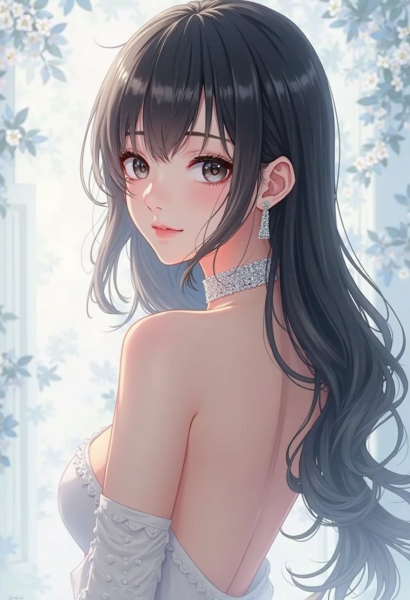 an anime woman with bangs that cover her jaw and also long semi-wavy hair, perfect waist, her height 1.50 and tired eyes and a slight blush