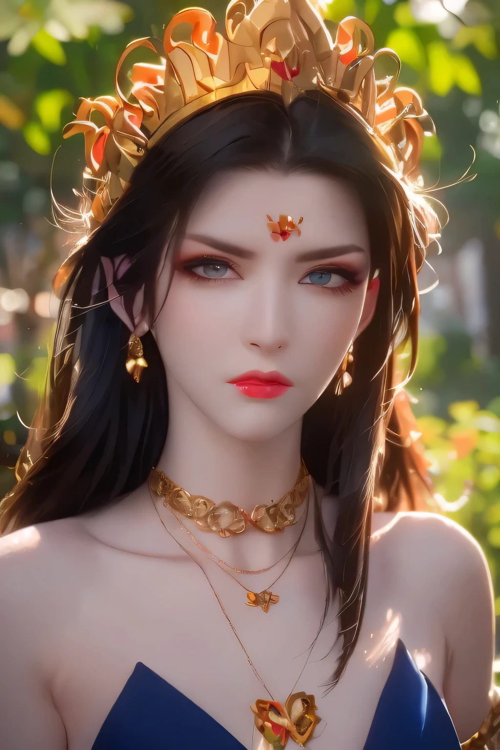 One 20 year old girl, breast 1.1, navel,upper body,bare shoulders,wears red tube top,red skirt, blue gems,shiny skin,hand in own hair,(mature female),milf, beautiful cai lin, deep blue eyes, jet black long hair, 8k resolution high quality,background: around the garden surrounded by Sakura trees with fluttering sakura petals, from head to thighs, hourglass figure, bare round shoulders, exposed midriff, a tilak on her forehead,ornamental logo on her forehead, snake crown, necklace, earings with blue gem, long black hair bangs, pointy ears,golden bracelet,Bright lightening under the sun through sakura canopy. High quality 16k resolution,( HDR :1.5), cinematic look, ultra-detailed,ultra lightening, (photorealistic :1.2), long thin straight eyelashes, dense black eyelashes,sharp eyes, diamond shaped head, straight nose, closed heart shaped lips, lean in pose, front view pose looking at viewer, sexy, strict icy expression