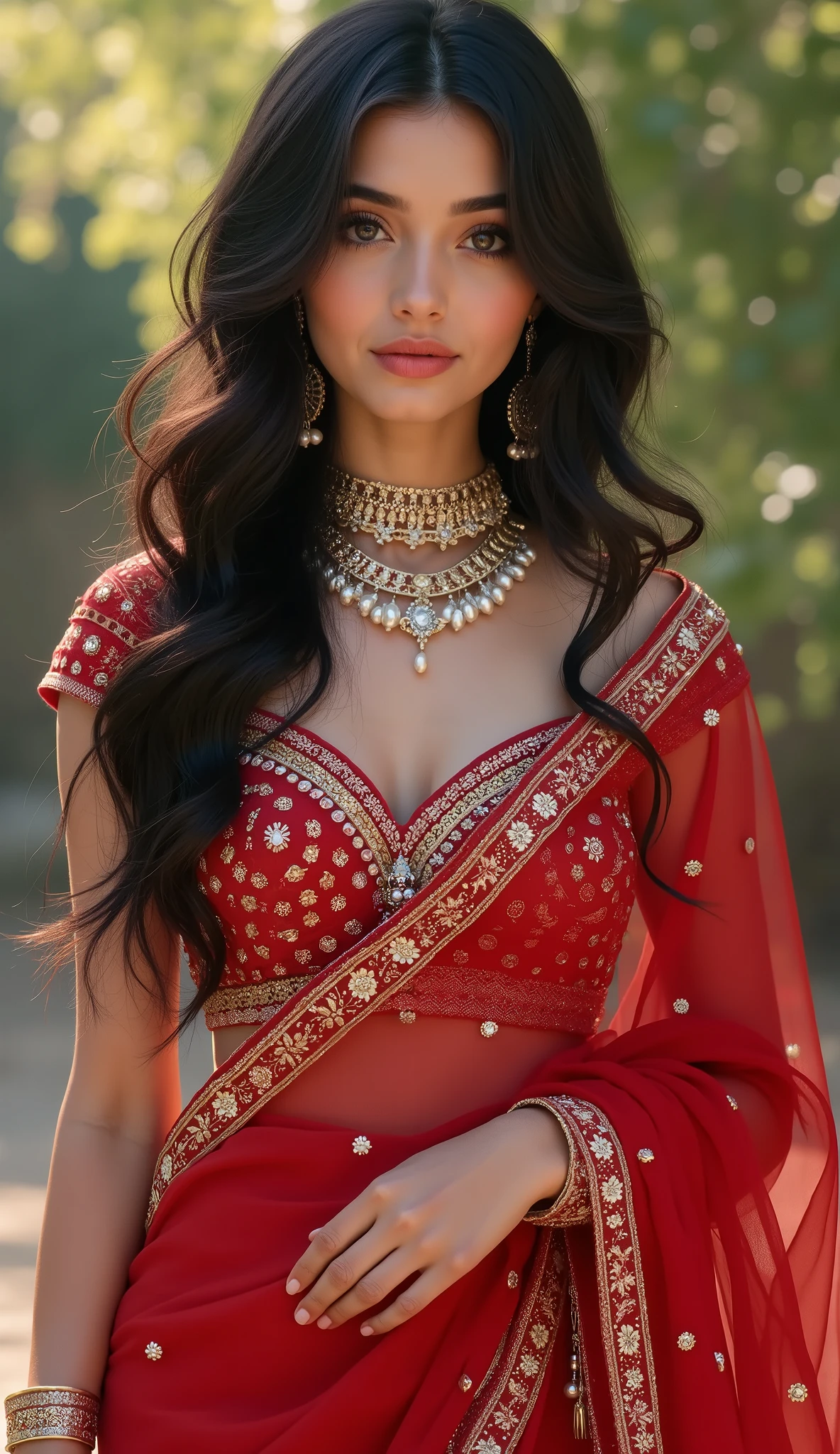 Digital painting,A stunning beautiful indian girl,pinkish white skin,glossy,wearing intricate red sari,long black hair,Desi Heavy embroidered bridal lahnga choli bra decorated red lahnga choli diamond pearl and rose flower work ,luxuries indian bridal dress,light bokeh,green garden,white fog,front view,sparkling,dreamy,full body