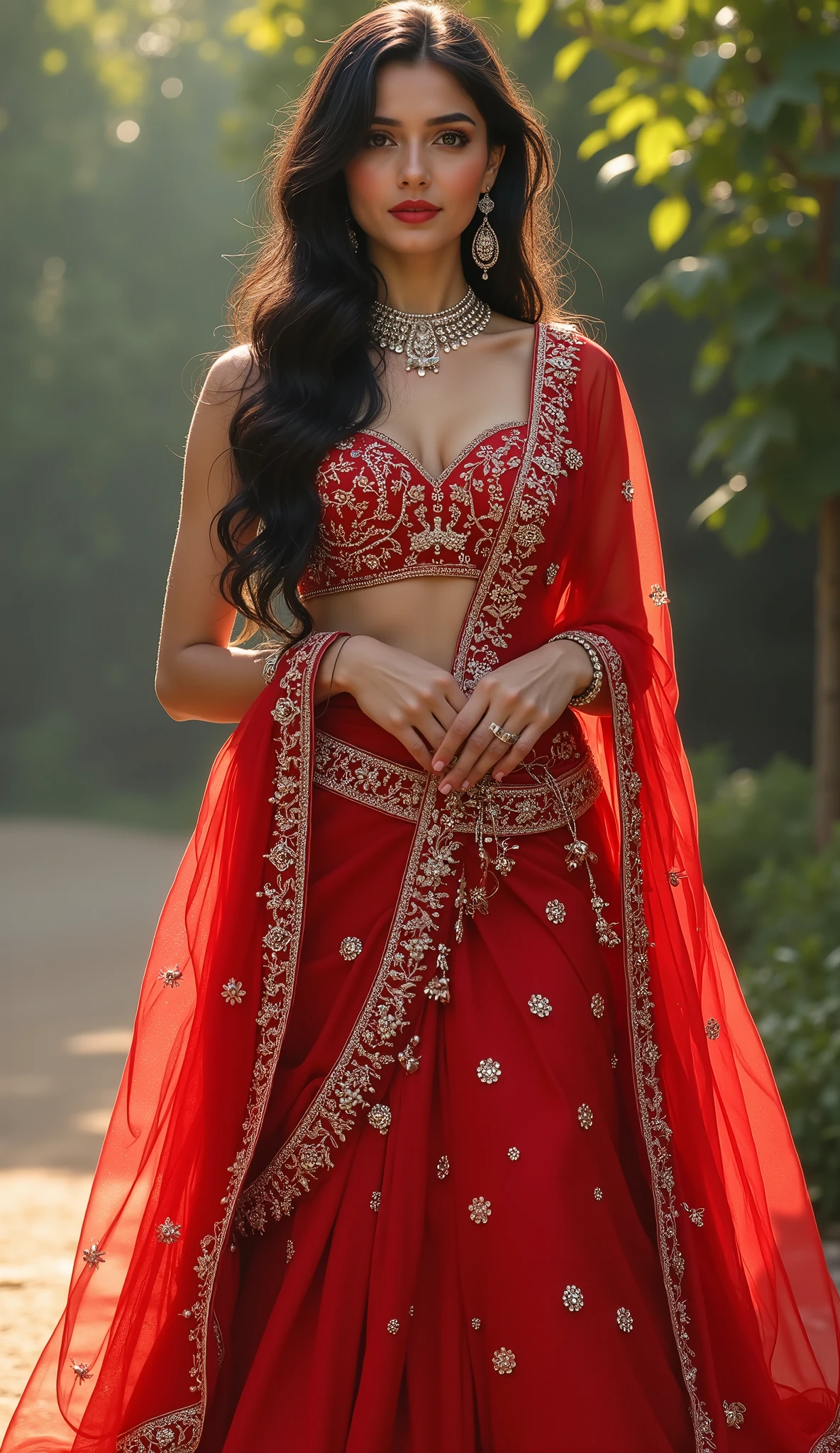Digital painting,A stunning beautiful indian girl,pinkish white skin,glossy,wearing intricate red sari,long black hair,Desi Heavy embroidered bridal lahnga choli bra decorated red lahnga choli diamond pearl and rose flower work ,luxuries indian bridal dress,light bokeh,green garden,white fog,front view,sparkling,dreamy,full body