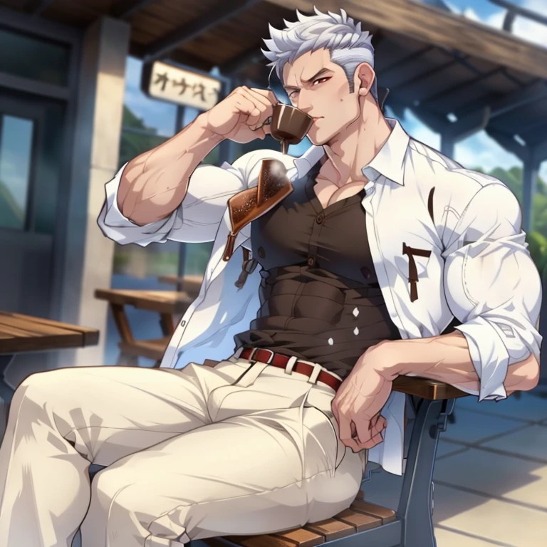 Muscular man, male focus, red eyes, short hair, white hair, pants on, unbuttoned white shirt, sipping cup of coffee at cafeteria