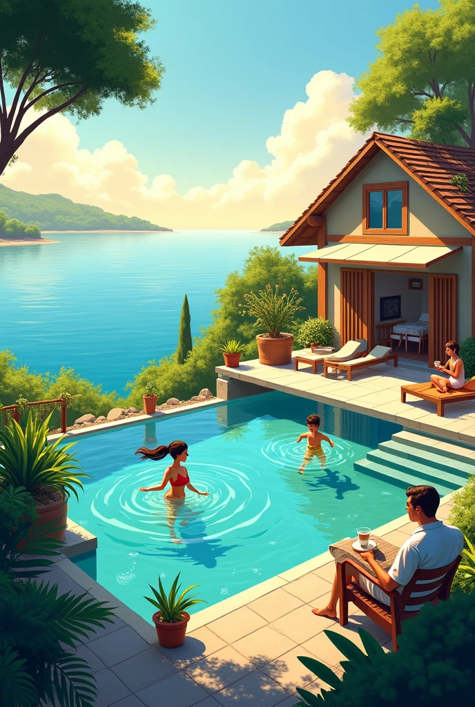 poolside lounge at beach, campfire in the middle