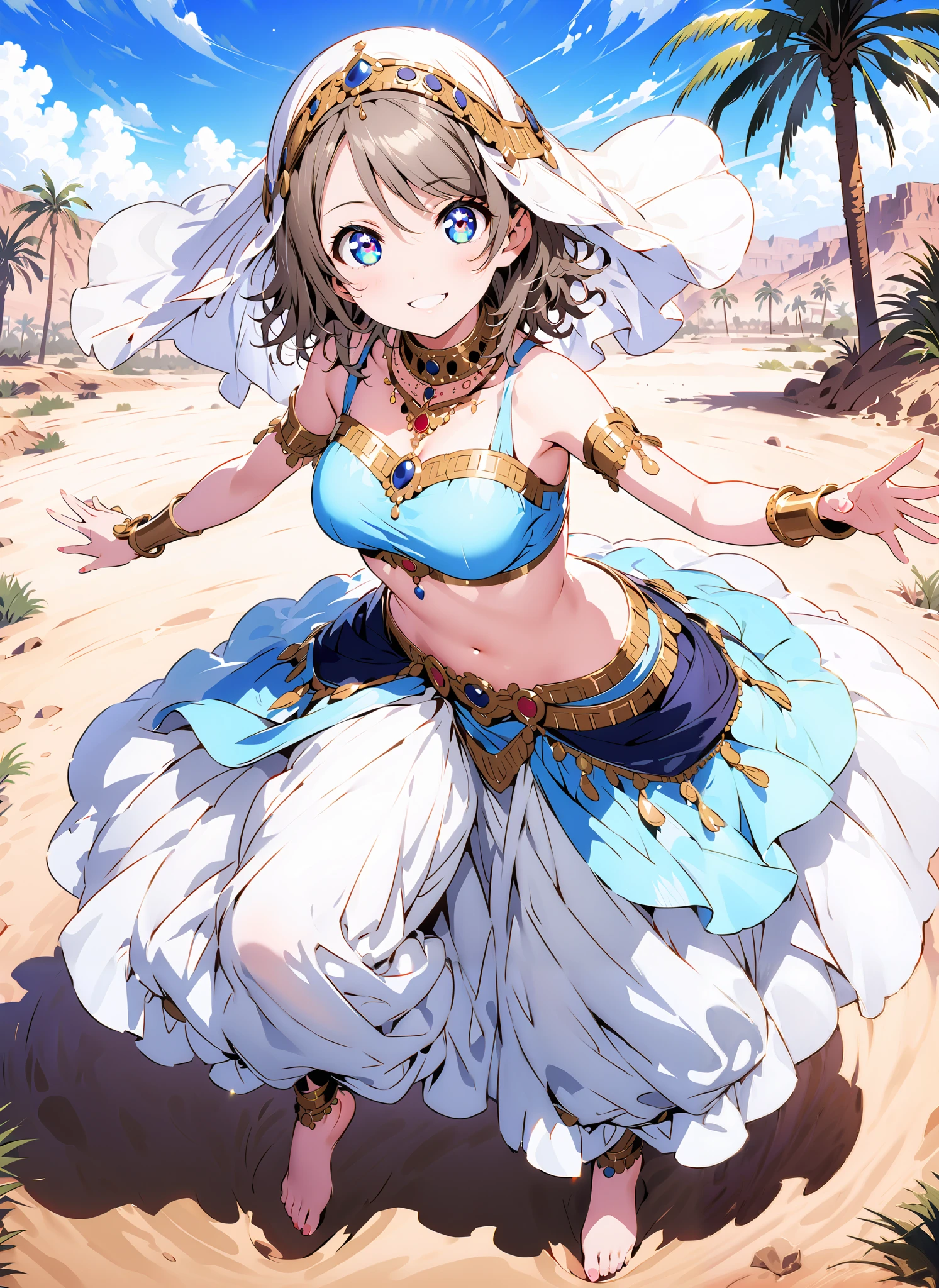 Watanabe, short hair, Hair, blue eyes,Medium breast,smile,cover, grin ,,Harem outfit, White Veil, Arabian clothing, collar , Mousebale, circlet , harem pants, bare feet,gold trim, dancer , dancing,is standing,Palm Trees,Glowing Skin,full bodyがillustrationsに入るように,break outdoors, desert, oasis,
break looking at viewer,full body,
break (masterpiece:1.2), best quality, high resolution, Unity 8k Wallpaper, (illustrations:0.8), (beautiful detailed eyes:1.6), very detailed face, so that it fits into the illustration, extremely detailed CG,(curved body, perfect anatomy),