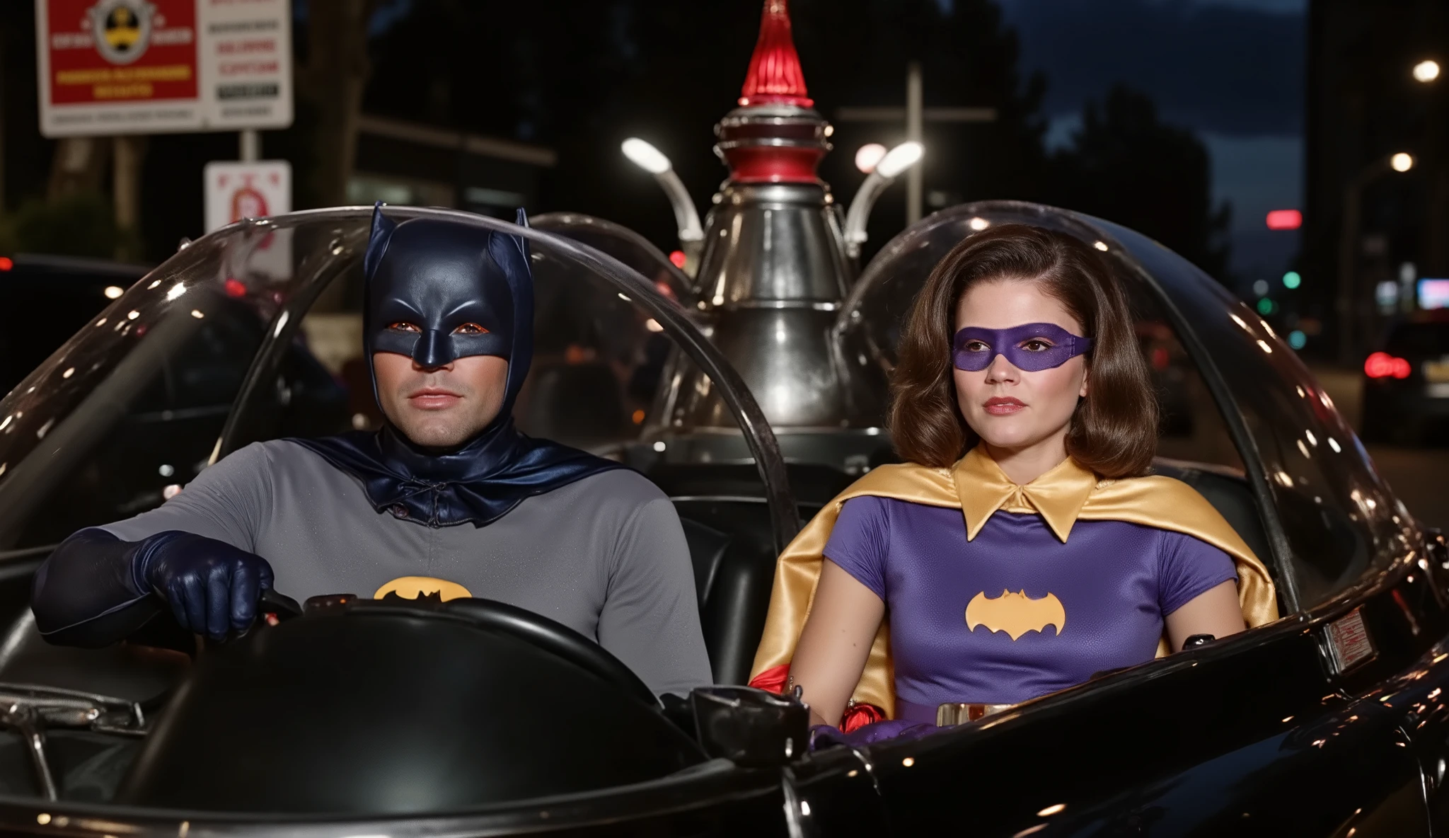 1950s Panavision 70 mm, AFFLECK24 as batman60s in classic costume driving car and sitting next to Retro wavy brown haired woman as batgirl in purple latex jumpsuit with yellow bat logo on chest andpurple batgirl mask, batgirl has yellow cape and purple gloves, they are driving inside a retro batmobile at midnight,